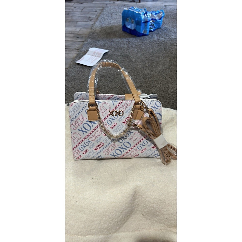 XOXO Logo Print Satchel Bag White Blue Red Zip Top Handle Detachable Strap